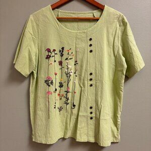 Womens‎ Green Blouse Top Size Med Floral Lagenlook Artsy Lightweight Spring Boho